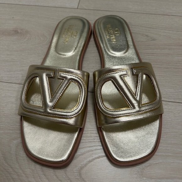 Valentino Garavani Gold Slide Sandals - Picture 1 of 10